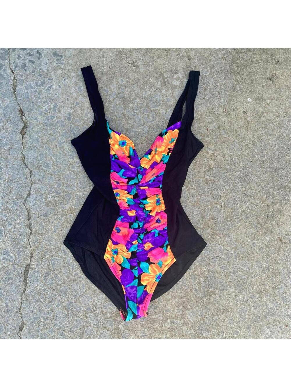 80s Carol Wior Black One-Piece Swimsuit w Vibrant Floral Front Panel